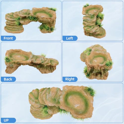 Turtle Docks for Basking Reptile Rock Cave Hideout | 2 In 1 Basking Platform And Hide Cave With Fake Grass On 4 Sides Wide Textured Ramp Durable Resin Light Brown Yellow - color: Light Brown Yellow
