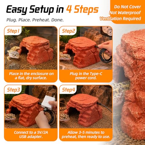 Heated Reptile Hide Cave USB 5V/2A Thermostat Heating Rock | Bearded Dragon Leopard Gecko Ball Python, Reptile Cave Heater with Natural Resin Rock Texture for Terrarium Shelter