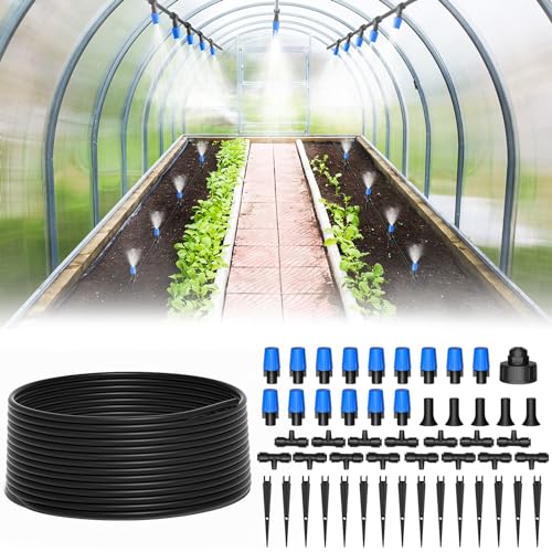 MIXC 65FT Greenhouse Watering System- Quick Efficient Connector Hanging Plant Watering System Automatic Mist Irrigation Kit with 1/4" Blank Tubing and Misting Nozzles - size: 65FT(Updated)