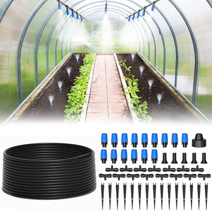 MIXC 65FT Greenhouse Watering System- Quick Efficient Connector Hanging Plant Watering System Automatic Mist Irrigation Kit with 1/4" Blank Tubing and Misting Nozzles - size: 65FT(Updated)