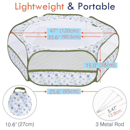 Pawaboo Small Animal Playpen with Zippered Cover, Blue + White Flower | Portable pop-up pet tent for supervised rabbits, guinea pigs, chicks and kittens; water-resistant bottom and 3 metal rods - color: Blue + White Flower