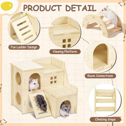 BreezeHug 4 Pcs Hamster Cage Accessories Hamster Platform Hideout Wooden Tunnel Ladder Playhouse Game Climbing Toy with Platform for Pets Dwarf Syrian Mice Degus Gerbils Squirrel(Villa) - style: Villa