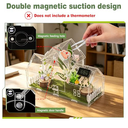 Jumping Spider Enclosure Acrylic Terrarium 30cm | 11.8x4.5x8 inch, Magnetic Dual-Door Design, Ventilated 1mm Holes, No-Tool Assembly, 360° View, Perfect for Spider & Mantis