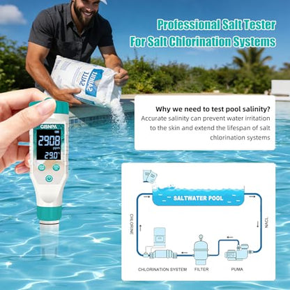 Digital Pool Water Tester, Pool pH Tester, Chlorine Tester & Pool Salt Tester 7 in 1 FAC Digital Salinity Tester for Saltwater Aquarium Sodium Chloride Swimming Pools Hot Tubs Spas - color: Green