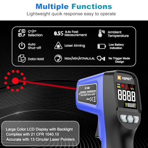 Infrared Thermometer Temperature Gun -58°F ~1076°F(-50~580℃), Digital Thermometer Temp Gun with Adjustable Emissivity & Max and Min Measure, Laser Temp Gun for Cooking, Pizza Oven, Grill & Engine