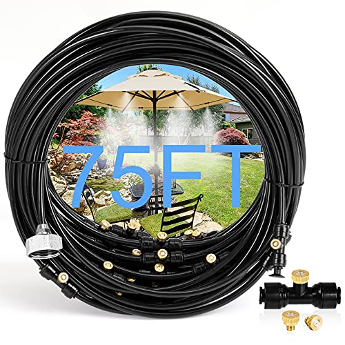 75FT Misters for Outside Patio, 28 Brass Nozzles, 3/4 Inch Adapter | 23M Outdoor Misting System for Patios, Gardens & Greenhouses, Preassembled Misting Line for Flexible DIY Cooling Layouts. - size: 75FT