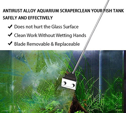 HOTOOLME Aquarium Scraper, 25.6" Stainless Steel Scraper Cleaning Razor with 10 Blades for Glass Aquarium Fish Tank | Long Handle, Aquarium Razor Blade Scraper, Fish Tank Cleaner, Aquarium Glass Cleaning Tools for Glass Aquariums