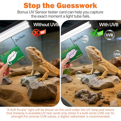 T5 UVB Reptile Light Fixture Combo Kit 24W: 10.0 UVB Light for Reptiles Terrarium Hood Comes with Ho UVB Lamp, 22'' Linear UVB Light Bar for Desert Bearded Dragon,Turtle,Gecko - UV Sensor Test Card - size: 22.6INCH-10.0