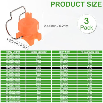 M METERXITY 3-Pack Flat Fan Spray Tips, 2.8mm Pore Plastic Spray Nozzle with Clip Adjustable Atomization Nozzle for 1-1/4" Hose, 0.48 Cubic Meters Per Hour [Orange, 65 Degree] - size: 2.8mm x 1-1/4"