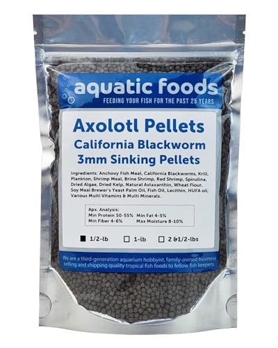 Axolotl Blackworm Pellets. 3mm-1/8 Sinking California Blackworm Medium Pellets for Medium/Large Axolotl, Frogs, Shrimp, Salamanders, Newts, Snails…1/2-lb Pouch Bag - size: 8 Ounce (Pack of 1)