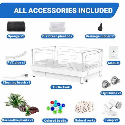 GOZILLA Small Turtle Tank Kit(Tank+Lamp), Acrylic Turtle Starter Kit, Reptile Habitat and Terrarium with Multi-Functional Areas for Small Reptiles. (White+Lamp)