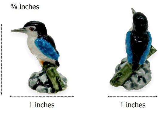 WitnyStore Tiny 1" Long Kingfisher Bird On Bamboo Branch Figurine - Miniature Hand Made Painted Ceramic Birds Aves Colorful Porcelain Feathered Animals Cute Decorative Collectible Figures Décor Gifts