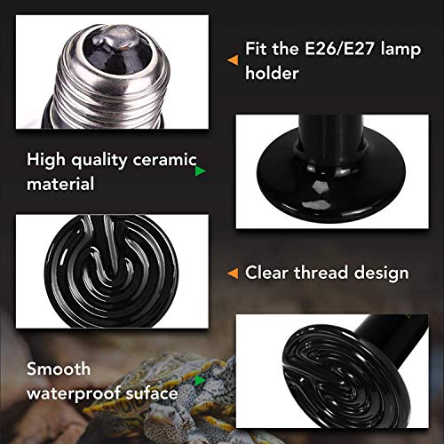 Simple Deluxe 100W 2-Pack Ceramic Reptile Heat Lamp Heat Emitter Bulb No Light Emitting Brooder Coop Heater for Amphibian Pet & Incubating Chicken, Black - size: 100W *2, style: D-85mm
