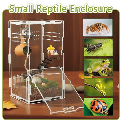 4x4x8 Inch Acrylic Reptile Terrarium，Front Opening Tarantula Enclosure with Swivel Lock & Magnetic Feeding Door，Small Spider Cage for Jumping Spider、Scorpion、Isopods、Snails