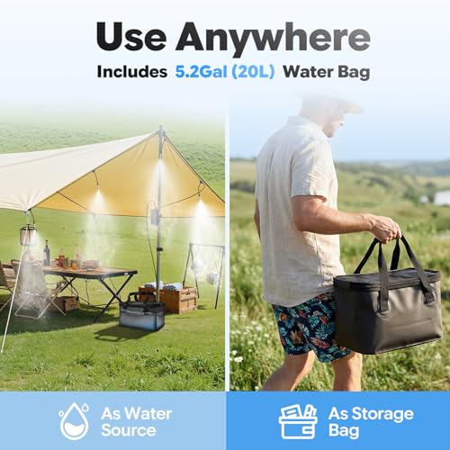 Portable Misting System, 12,000mAh Pump | 20L Water Bucket, Misting Hose, 4 Brass Nozzles, Outdoor Cooling Misters for Canopy Camping Golf Cart Dugout - size: with Hanging Mister
