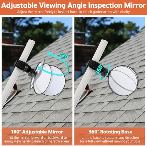 4.9" Large Expandable Inspection Mirror, 180°Tilt & 360°Rotate for Roof | 4.9" mirror tilts 180° & rotates 360°. Fits 0.6"-1.6" poles. For gutters, roofs, ducts & under vehicles