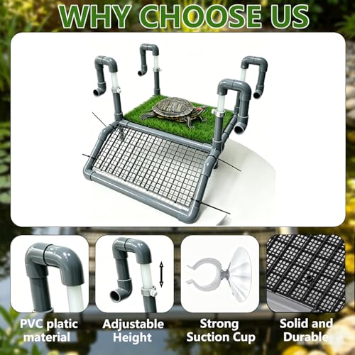 Extra Large Turtle Basking Platform with Ramp, Height-Adjustable(7.9"-13.9") PVC Dock, Non-Slip Mesh, Above Water Dry Area, 1 Piece of Artificial Turf (11.8“ x 7.87”) Included