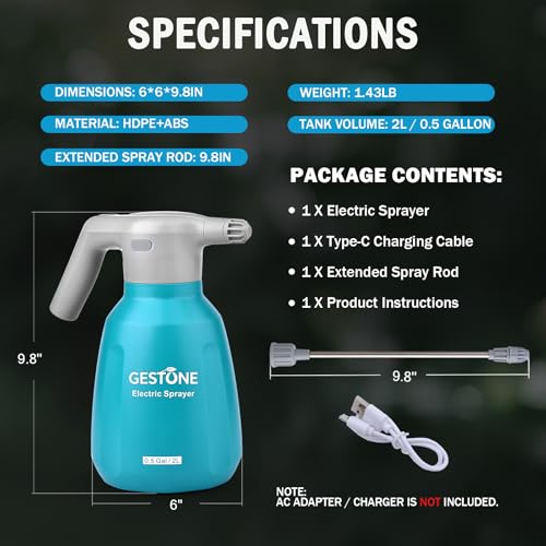 Electric Spray Bottle 1/2 Gallon Plant Mister with Spraying Rod | Automatic Electric Water Sprayer, Adjustable Nozzle, Spray 60 Bottles Once Charge, For Plant Fertilizing,Weeding and Cleaning