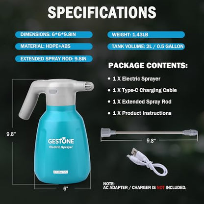 Electric Spray Bottle 1/2 Gallon Plant Mister with Spraying Rod | Automatic Electric Water Sprayer, Adjustable Nozzle, Spray 60 Bottles Once Charge, For Plant Fertilizing,Weeding and Cleaning