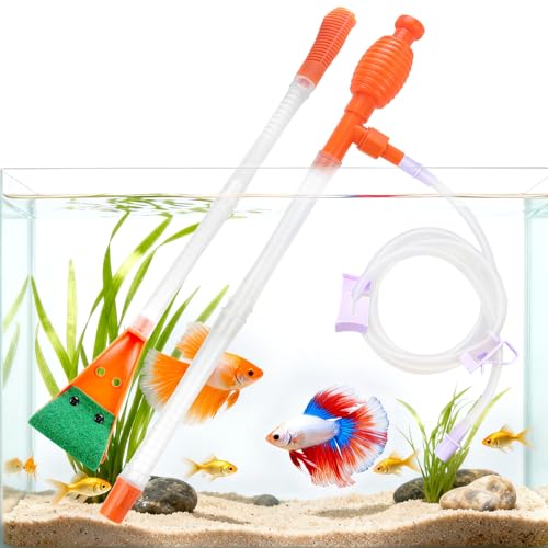 Fish Tank Cleaner Gravel Vacuum for Aquarium | Aquarium Siphon, Water Changer, Double Sided Sponge Brush Algae Scraper, Fish Tank Cleaning Kit, Gravel & Sand Cleaning - color: Orange