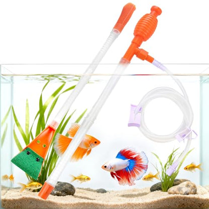 Fish Tank Cleaner Gravel Vacuum for Aquarium | Aquarium Siphon, Water Changer, Double Sided Sponge Brush Algae Scraper, Fish Tank Cleaning Kit, Gravel & Sand Cleaning - color: Orange