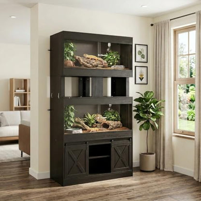 Dual 120 Gallon Reptile Tank with Stand, Albizia Solid Wood-Core Double 4x2x2 Reptile Enclosure, Bearded Dragon Tank, XXL Stackable Reptile Terrarium Stand for Snakes, Lizards (Black)