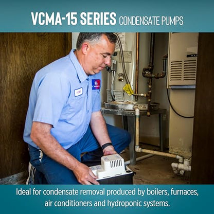 Little Giant VCMA-15UL 115 Volt, 65 GPH, 1/50 HP Automatic Condensate Removal Pump for HVAC/Refrigeration Systems/Dehumidifiers (no safety switch), 6-Foot Cord, Black/White, 554401 | 6' cord w/ plug, No safety switch, 1/50 HP, 15' shutoff, Automatic, 1/2
