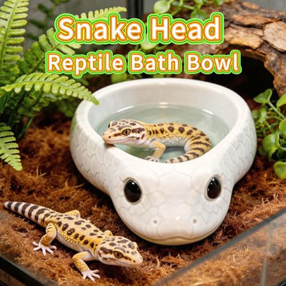 Reptile Water Dish, Ceramic Snake Water Bowl for Snake, Leopard Gecko, Bearded Dragon and Lizard, Reptile Bathing Pool Food Feeding Dish, Terrarium Tank Accessories (White) - color: White