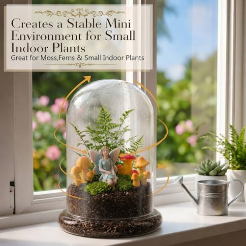 Hushee 5 Pack Decorative 1 Glass Cloche Dome 8.2'' x 5.9'' with 3 Mushroom & 1 Fairy Figurines Closed Mini Terrarium Glass Cloche with Base for Desk Small Plant Indoor Miniature Tabletop - No Plants - size: 8.2'' X 5.9''