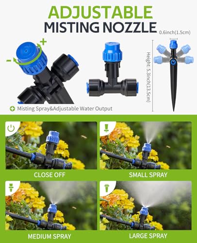 HIRALIY 59FT Drip Irrigation Kit with Water Timer, Quick-Connect | Garden Watering System with 15 Adjustable Misting Nozzles, 1/4 in Tubing for Greenhouse, Hanging Plants & Raised Beds - size: 59 feet