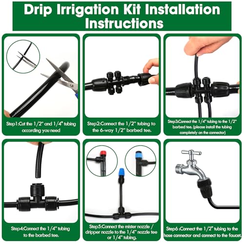 Drip Irrigation Kit, Flantor 190FT Greenhouse Drip Irrigation System Adjustable Garden Watering System with 1/2" & 1/4" Irrigation Tubing, Patio Misting Plant Watering System for Garden and Lawn - size: 190ft