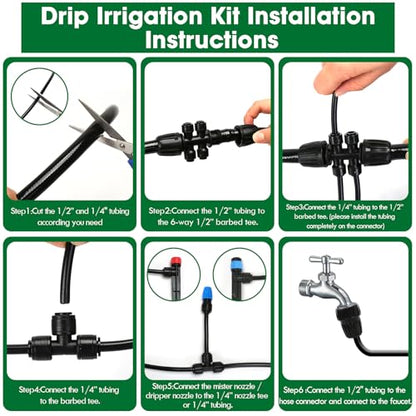 Drip Irrigation Kit, Flantor 190FT Greenhouse Drip Irrigation System Adjustable Garden Watering System with 1/2" & 1/4" Irrigation Tubing, Patio Misting Plant Watering System for Garden and Lawn - size: 190ft