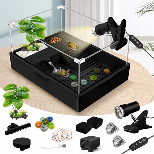 GOZILLA Small Turtle Tank Kit+Water Pump+Lamp, Acrylic Turtle Tank Starter Kit with Adjustable 5W Water Pump and Timing/Dimming Lamp, Multi-Functional Area for Small Turtles(Black Kit). - color: Black Kit