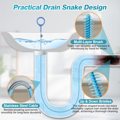 4 Pack 50 Inch Drain Snake Hair Drain Clog Remover Tool for Bathroom Sink | Reusable Brush, 50-Inch Break-Resistant Steel Wire Rope with Nylon Coating, 0.27-inch wand for Shower Drain Cleaning