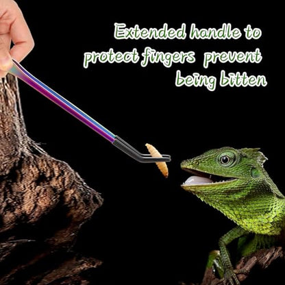 OLIISS Iridescent Reptile Feeding Tongs with Rubber Tips, 10.6", 2 Pack | Straight & Curved, Stainless Steel, Secure Grip, Feeder Tools for Bearded Dragons, Geckos & Lizards, Terrarium Tank Supplies - size: 10.6 Inch