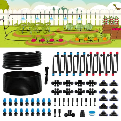 240FT Drip Irrigation System Kit, Quick-Connect Garden Watering System | 20FT 1/2" main, 200FT 1/4" drip line, vortex/stream/mist emitters, adj flow, for beds, greenhouse, lawn, patio - size: 240FT