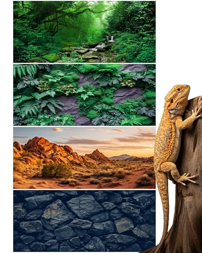 4 Pcs 48 x 18 Inch Reptile Habitat Background with Nano Glue Gobi Sun Black Stone and Tree Fern Stream Terrarium Background Polyester Durable Aquarium Accessories - color: Style3, size: 48 x 18 Inch