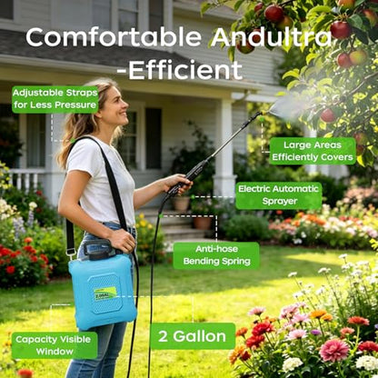 2-Gallon Battery-Powered Sprayer,6 Nozzles,2 Spray Modes, Telescopic Pole | Electric Sprayer for Lawn and Garden Weed/Pest Control, Watering, USB Rechargeable Adjustable Shoulder Strap