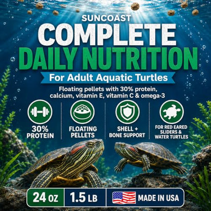 Suncoast Aquatic Turtle Food for Adult Turtles - Floating Pellets with 30% Protein, Calcium, Vitamin E, Omega-3 & Vitamin C, Complete Diet for Red Eared Sliders & Water Turtles - 3.0 lbs - size: 3 Pound (Pack of 1)
