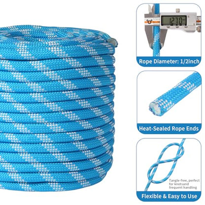 Double Braid Arborist Rope, 1/2 Inch x 150 ft, 9000 LBS Breaking Strength Heavy Duty Tree Climbing Rope, Outdoor Swing Rope for Trees, Climbing, Sailing & General Use - size: 1/2inch*150ft, style: Blue