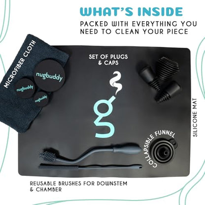 nugbuddy Glass Cleaning Kit - Reusable Silicone Accessories - Complete Kit to Clean your Piece, Just Add Cleaner - Reusable Soaker Bag, Brushes, Mat, Caps & Plugs, Funnel, & Microfiber Towel - color: Black
