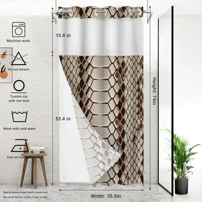Brown Snake Scale No Hooks Shower Curtain with Snap in Liner Set, Reptile Skin Texture Tub Curtainn Mesh Top Window & Magnetic Hem Waterproof 35.5X74 Inch - color: Brown Snake Scale 1 Brown03, size: 35.4"W x 74"L (Pack of 1)