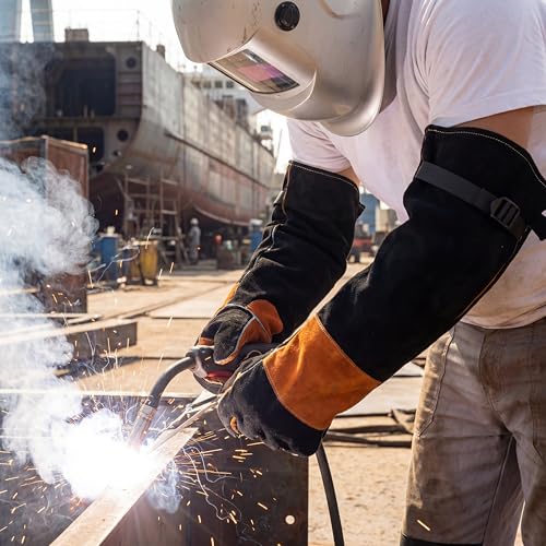 Long Leather Welding Gloves Animal Handling Scratch Bite Proof | 24 Inch Full arm coverage.Flame-retardant split leather shields against intense welding heat and animal bites. - color: Black