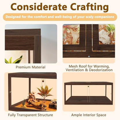 Bearded Dragon Tank 81 Gallon, 48 x 20 x 20 Inch Wooden Reptile Enclosure with Metal Mesh Top, Clear Acrylic Sliding Doors and Lock, Large Lizard and Snake Tank, Walnut