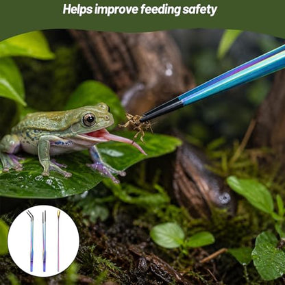 Reptile Feeding Tongs Set with Rubber Tip - 10.6" Stainless Steel Straight & Curved Tweezers and Feeding Spoon for Bearded Dragons, Lizards, Snake, Frog