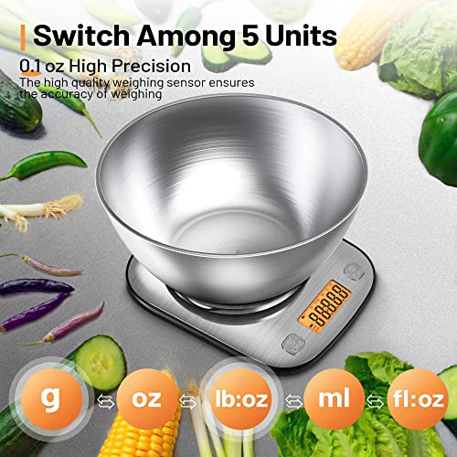 GRAM PRES Food Kitchen Scale Digital Weight Grams and Oz 11lb/0.01oz | With IPX6 Waterproof，Professional Stainless Steel Digital Kitchen Food Scale With Bowl For Weight Loss Dieting Baking Cooking