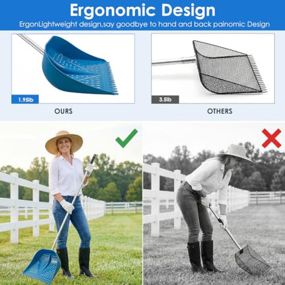 Thiswing Chicken Poop Scooper & Rake 2-in-1, Blue | Adjustable Handle Length, Features Manure Sifting Capability, Ideal for Chicken Coops and Farm Animal Cleaning - color: Blue