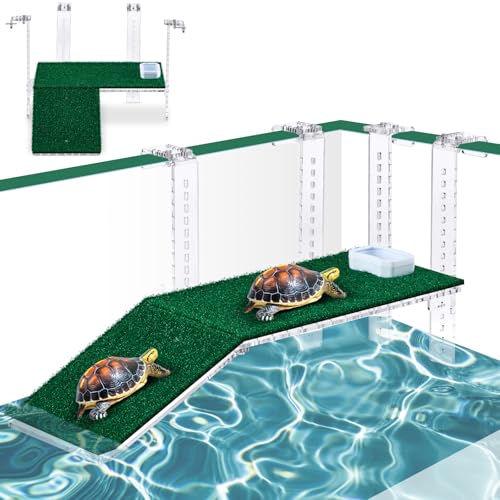 Reallnaive Adjustable Hanging Turtle Basking Platform with Artificial Grass 11 x 5.7 Inch Sturdy Acrylic Aquatic Reptile Ramp Dock Fits 0.3"-2" Thick Tank Salamander Frog Turtle Tank Accessories - size: 11 x 5.8 Inch