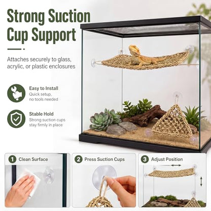 Dansydaisy 4 Pcs Reptile Hammock Bearded Dragon Tank Accessories, Woven Lounger with Strong Suction Cups, 2 Rectangle (29.5" x 7.1") and 2 Triangle (12.6" x 16.5") Climbing Beds for Geckos Iguanas - size: 29.5" X 7.1"，12.6" X 16.5"