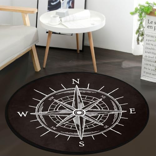 keepcute 3ft Round Compass Area Rug, Non-Slip Vintage Black Carpet | Soft touch, heat-transfer print, study room or living room decor, washable mat, easy vacuuming - color: Wind Rose Compass, size: 3' (Round)